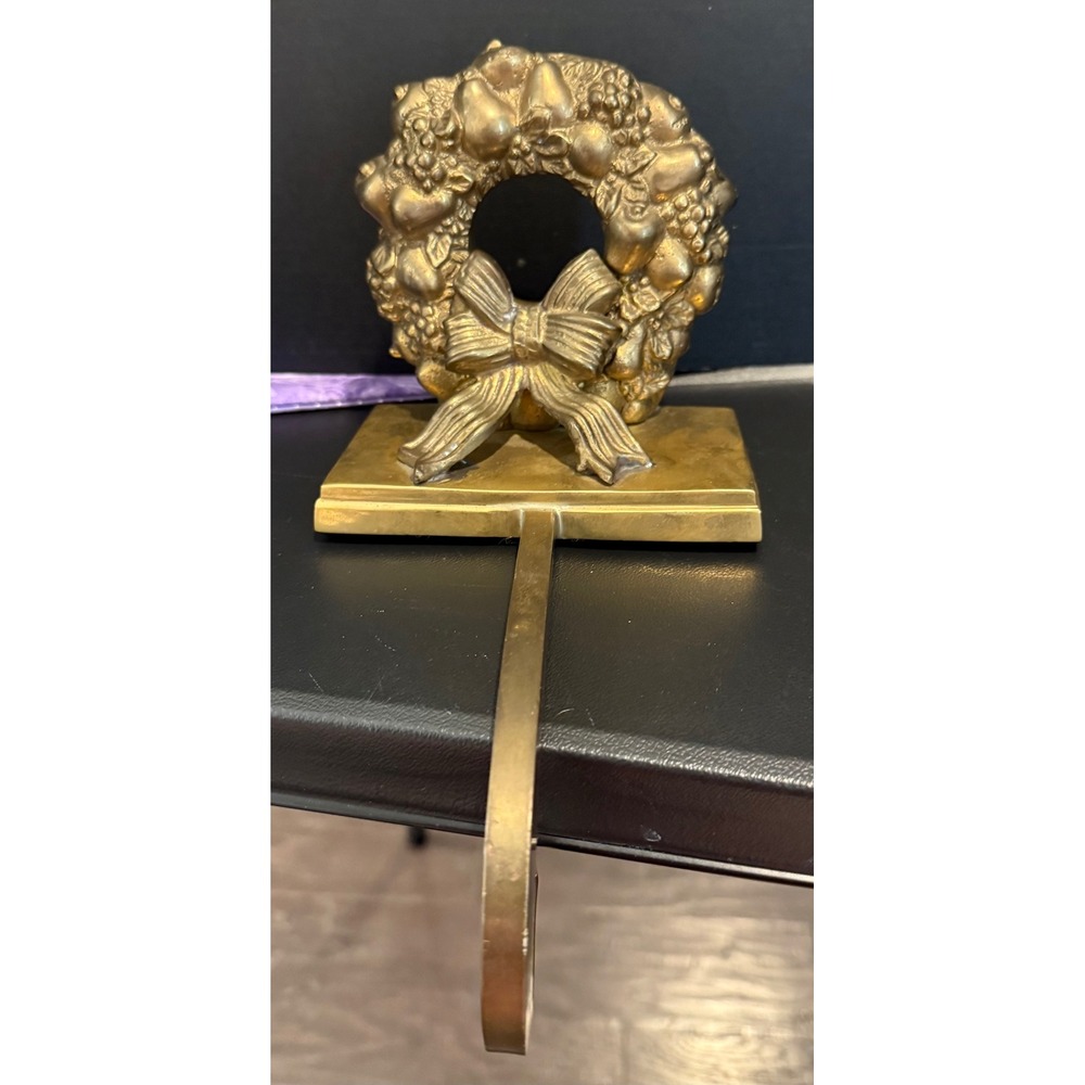 Stocking Holder Hanger Gold Heavy Brass Fruit Wreath Bow Vintage Mantel
